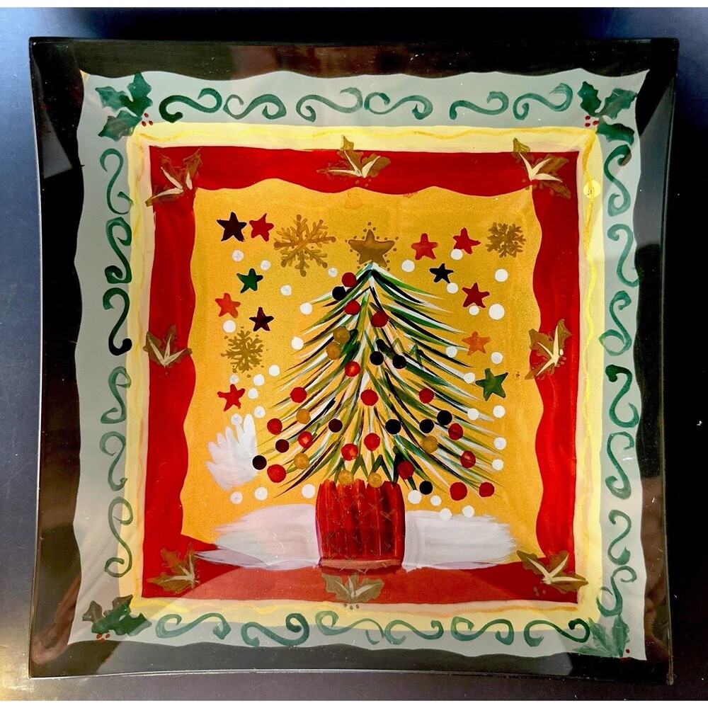 Certified International Vintage Glass Christmas Tree Plate Square 7.5 Appetizer
